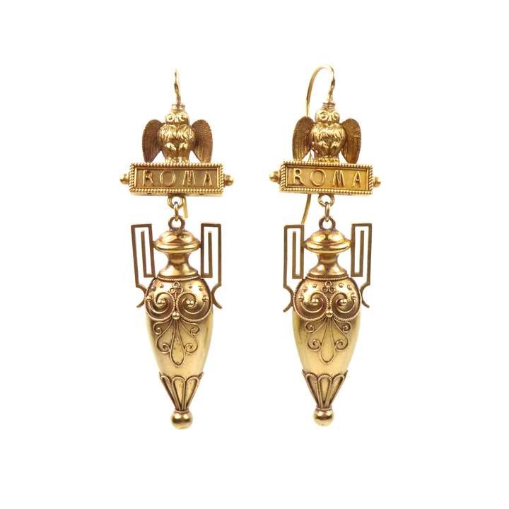 Pair of gold amphorae 'Grand Tour' souvenir pendant earrings